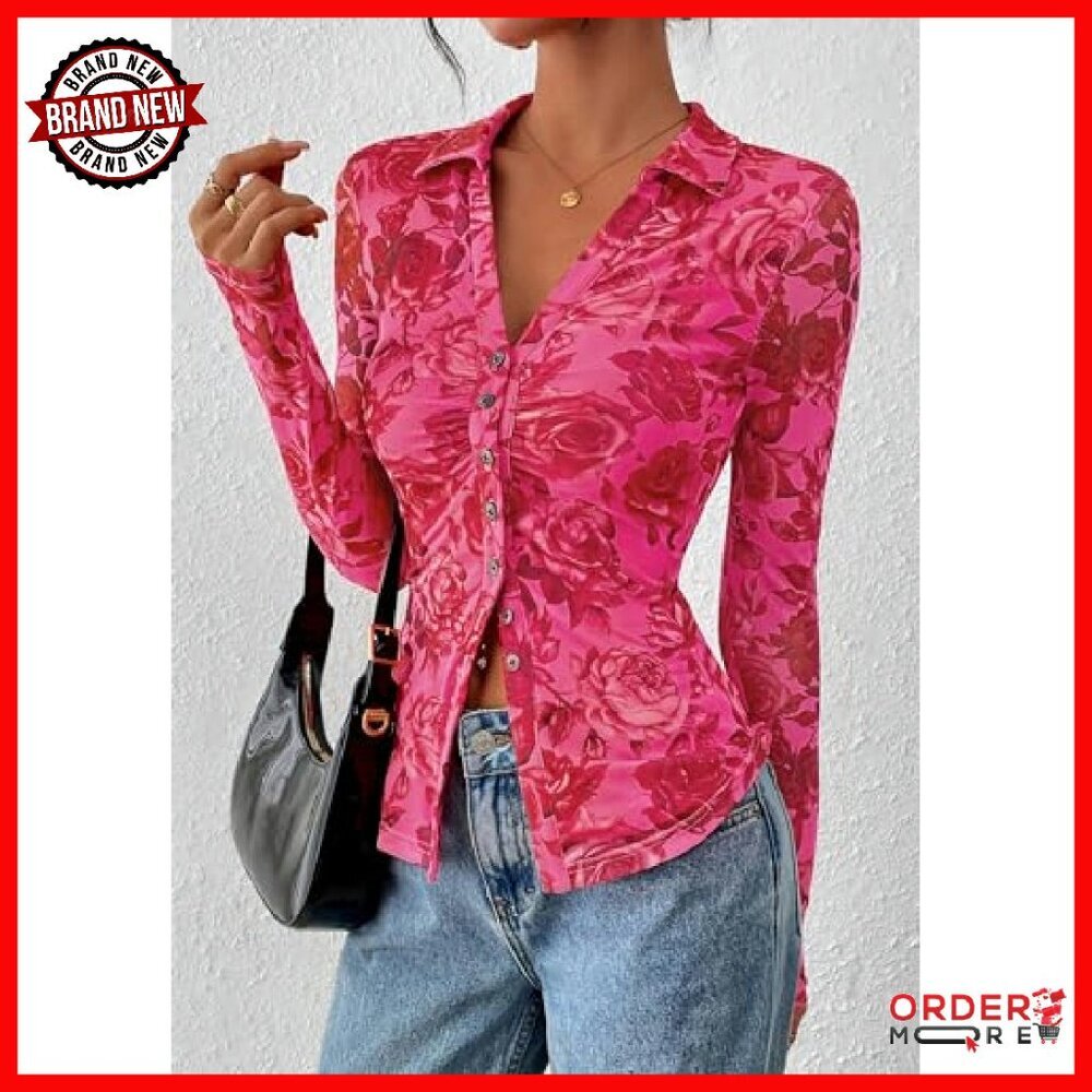 Floral Mesh Blouse Long Sleeve V Neck Boho Button Down Shirt - Picture 4 of 8